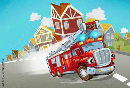 Fototapeta Naklejka Na Ścianę i Meble -  cartoon fire brigade driving through the city - illustration for children