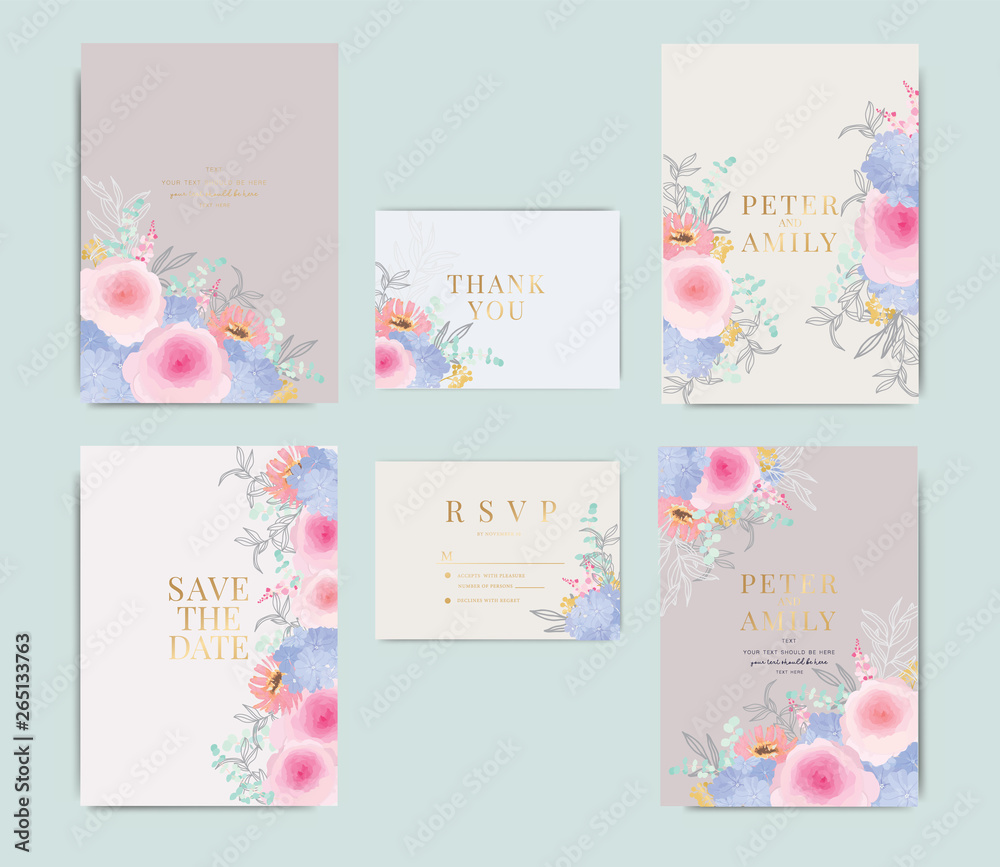 Wedding Invitation, floral invite thank you, rsvp modern card Design in pink rose with red berry and leaf greenery  branches decorative Vector elegant rustic template