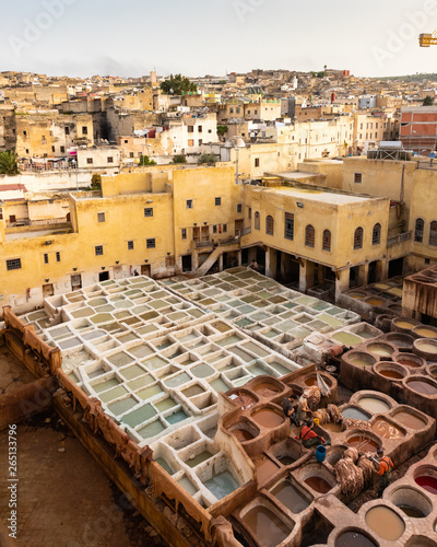 Panoramic view of the famous traditional tannery in Fes, Morocco