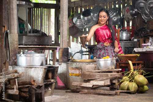 Beautiful woman cooking , Thai culture style