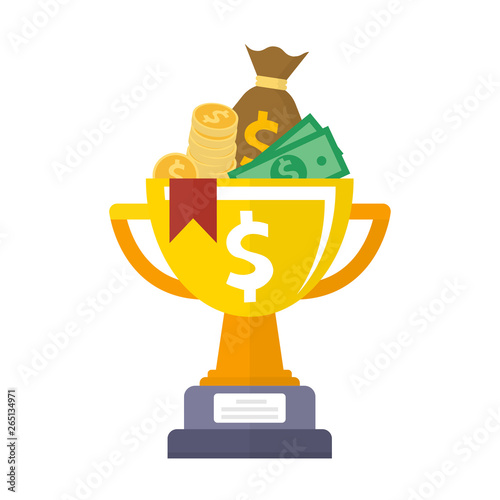 Golden cup championship prize with money icon. Award first place flat style isolated on white background