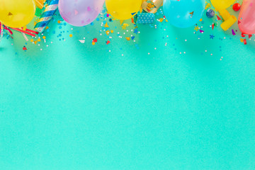 Decoration party. Balloons and various party decorations with copy space top view