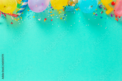 Decoration party. Balloons and various party decorations with copy space top view