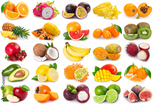 Collection of exotic fruits on white background