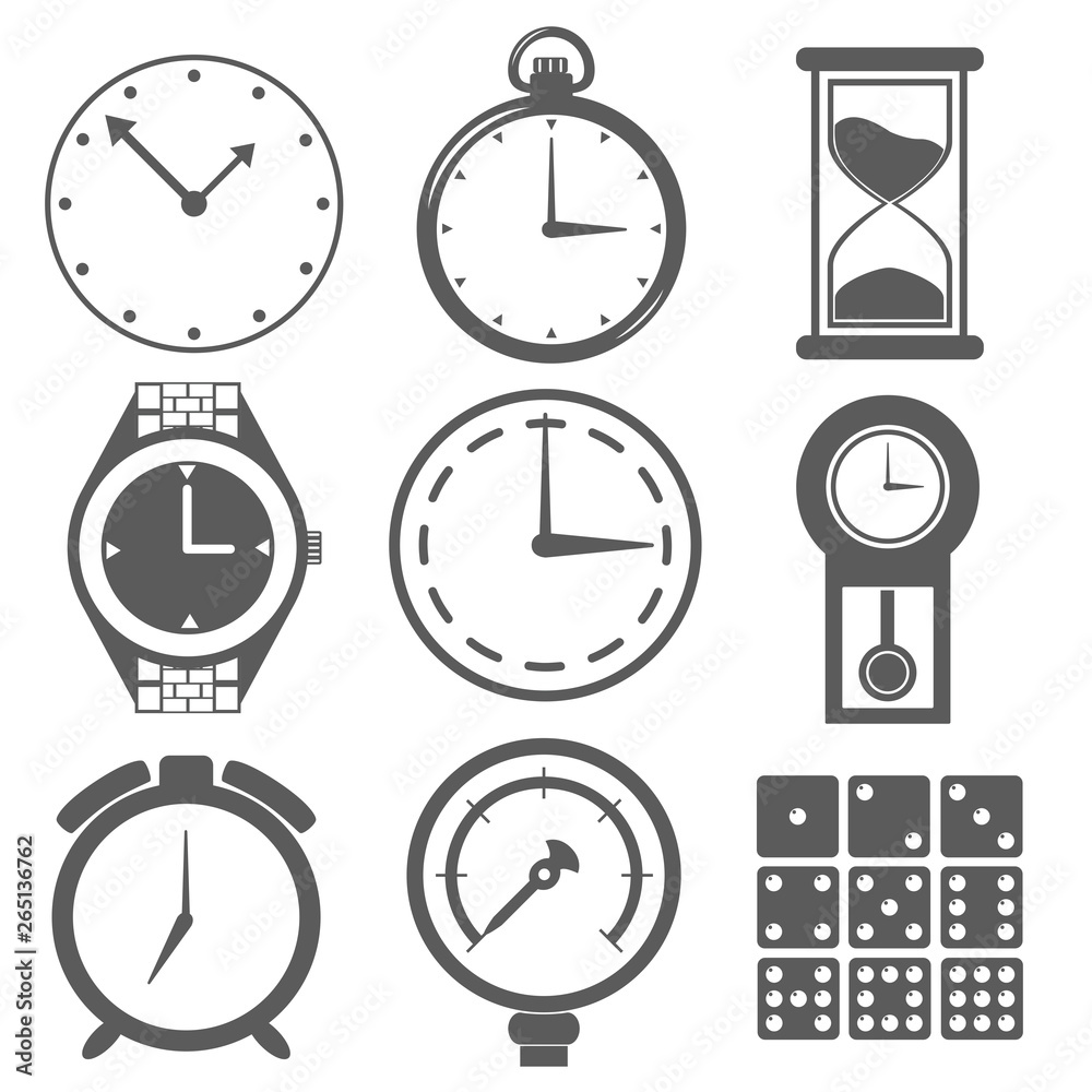 Fototapeta premium 時計 砂時計 目覚まし時計 懐中時計 腕時計 測定器 サイコロ 数字 イラスト アイコン