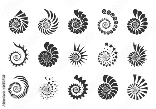 Spiral vector design elements. Abstract lines black and white. Swirl background. Set icons.