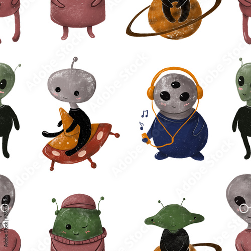 Seamless pattern with cute aliens on white background