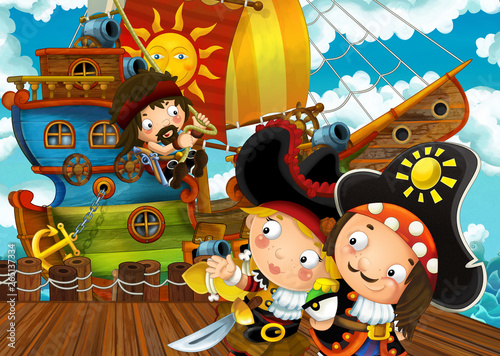 cartoon scene with pirate sailing ship docking in a harbor - illustration for children