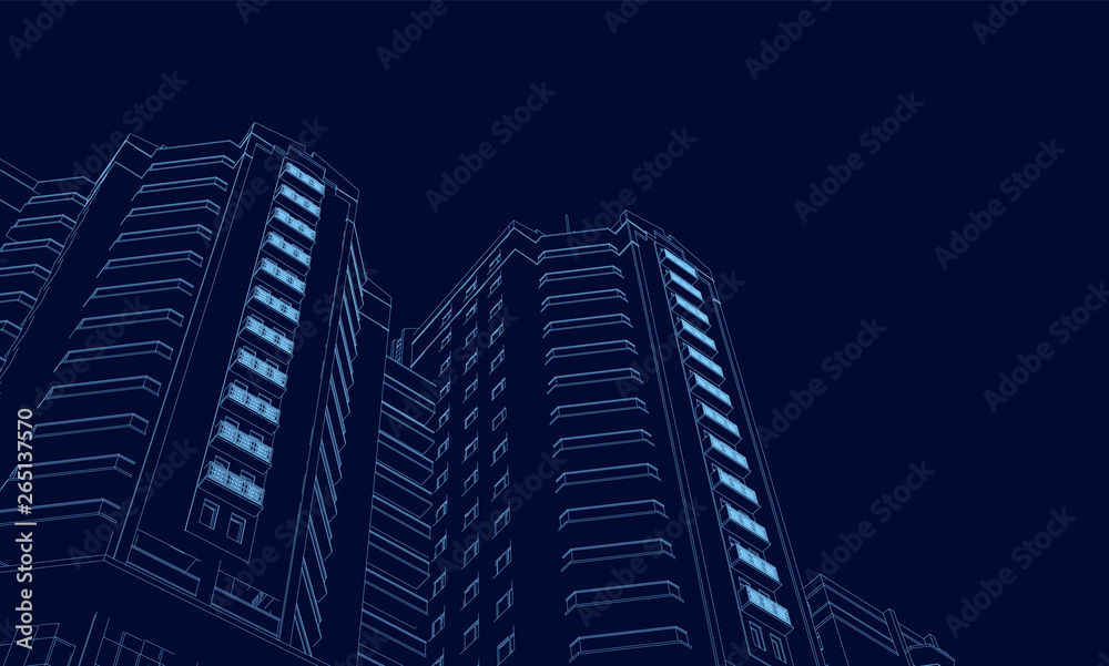 Fototapeta premium Wireframe of the building of the blue lines on a dark background. 3D. Polygonal building in perspective. Vector illustration