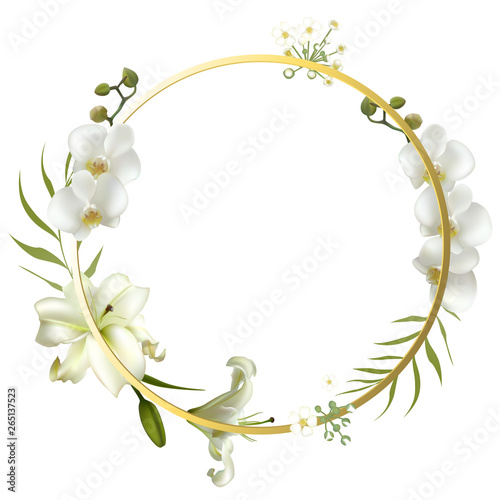 Flowers. Floral background. Orchids. Lilies. White. Green leaves. Gold ring.