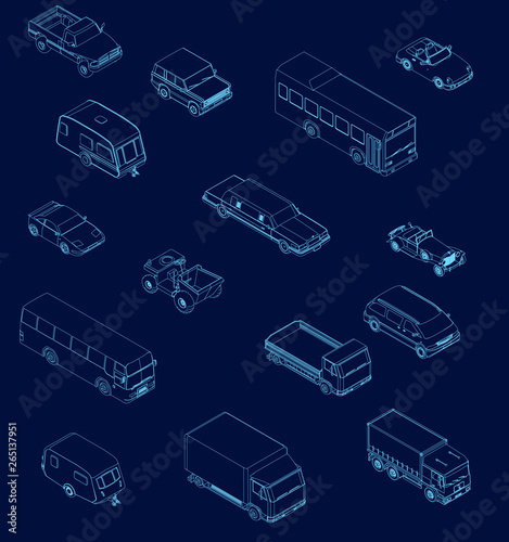 Set with contours of cars in isometry. Various types of cars from blue lines on a dark background. Vector illustration