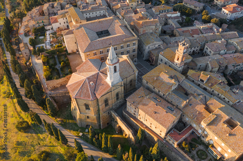 The main square in Pienza, Tuscany, photo from above, taken from the drone.