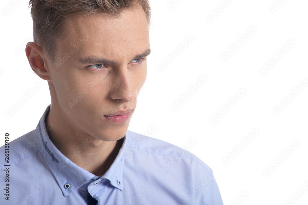Portrait of pensive young man on white background Portrait of pensive young man on white background
