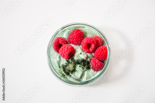 Matcha green tea yogurt and raspberries