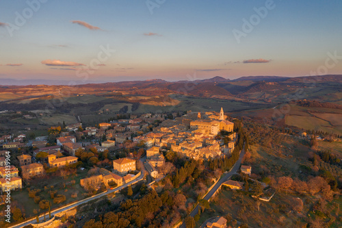 The main square in Pienza  Tuscany  photo from above  taken from the drone.