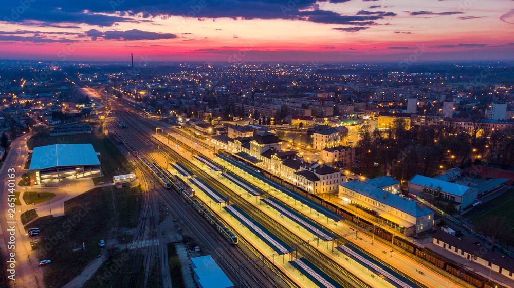 Illuminated train station in Tarnow,Poland.Aerial view