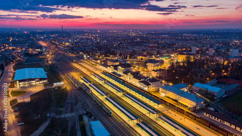 Illuminated train station in Tarnow Poland.Aerial view