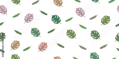 Seamless pattern from leaves of tropical plants. Vector hand drawing illustration.