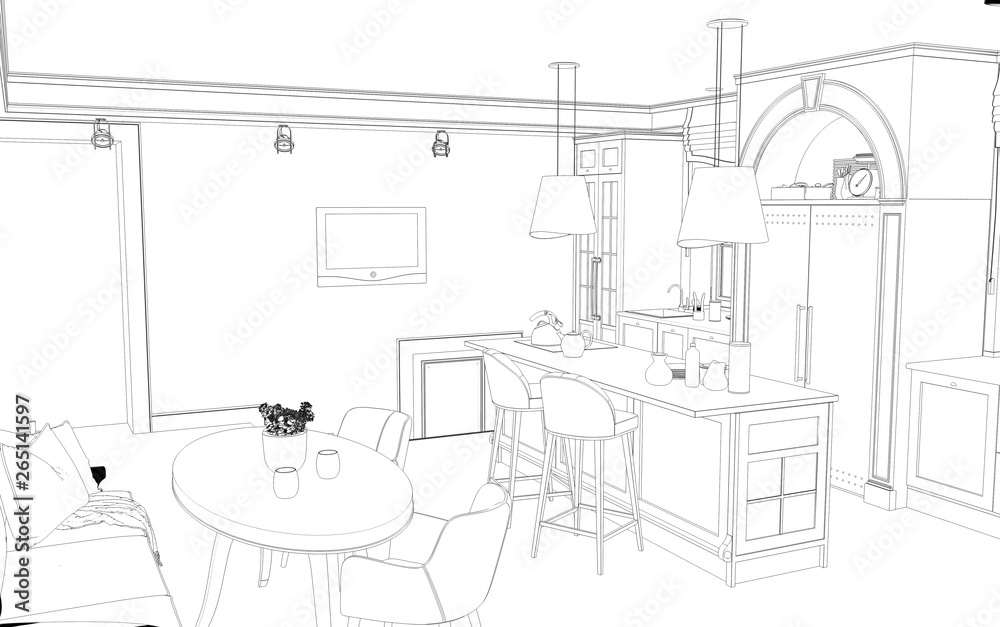 interior contour visualization, 3D illustration, sketch, outline interior contour visualization, 3D illustration, sketch, outline