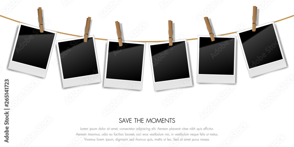 Realistic blank retro photo frames on a rope with wooden clips, Vector illustration