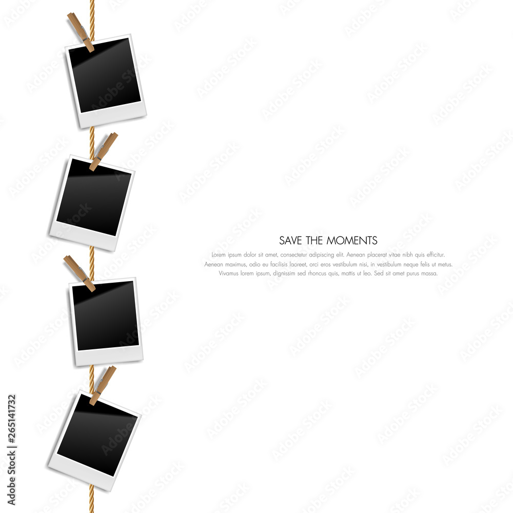 Realistic blank retro photo frames on a rope with wooden clips, Vector illustration