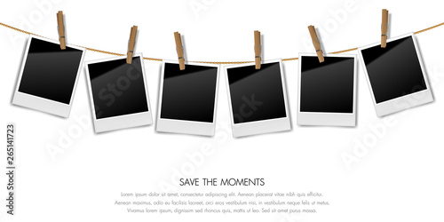 Realistic blank retro photo frames on a rope with wooden clips, Vector illustration