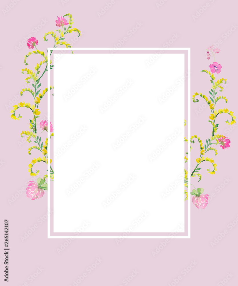 pink frame watercolor flowers of pink clover and yellow vetch. Hand drawing for cards, invitations, decor pink frame watercolor flowers of pink clover and yellow vetch. Hand drawing for cards, invitations, decor
