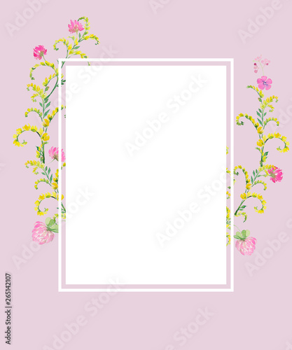 pink frame watercolor flowers of pink clover and yellow vetch. Hand drawing for cards, invitations, decor © babanova