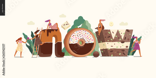 Dessert font - modern flat vector concept digital illustration of temptation font, sweet lettering and girls. Caramel, toffee, biscuit, waffle, cookie, cream and chocolate letters. Lettering Now