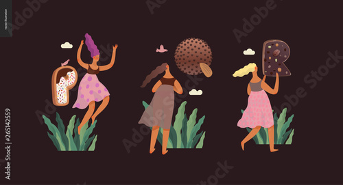 Dessert font ABC- modern flat vector concept digital illustration of temptation font, sweet lettering and girls. Caramel, toffee, biscuit, waffle, cookie, cream and chocolate letters