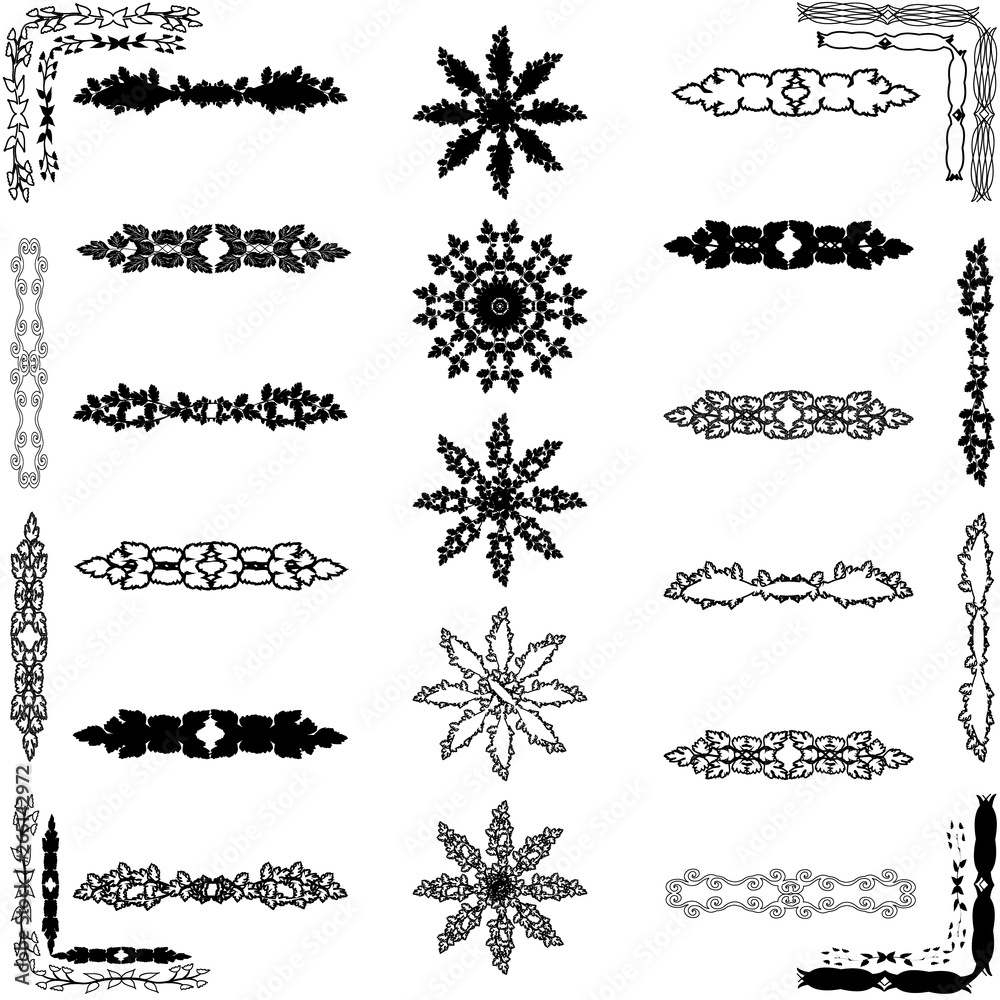 decorative vintage dividers, borders, swirls, dividing, scrolls. Creative graphical, artistic elements. Borders and corners in black color isolated. Vector illustration .