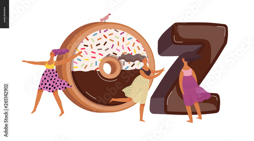 Dessert lettering - Oz - modern flat vector concept digital illustration of temptation font, sweet lettering and girls. Caramel, toffee, biscuit, waffle, cookie, cream and chocolate letters