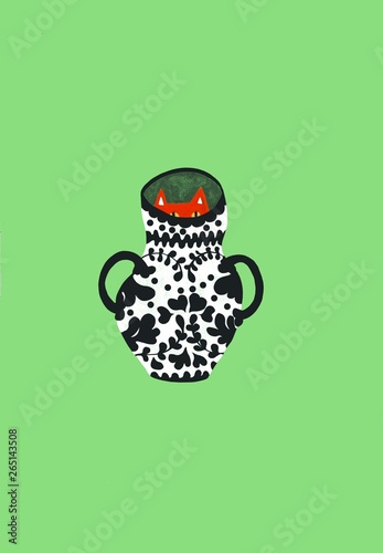 Red cat hiding in a decorated vase