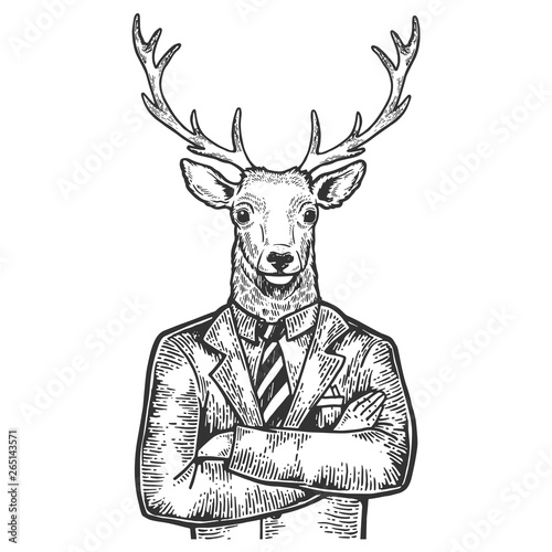 Deer head businessman sketch engraving vector illustration. Scratch board style imitation. Black and white hand drawn image.
