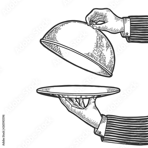Dish plate with cloche and invisible food sketch engraving vector illustration. Scratch board style imitation. Black and white hand drawn image.