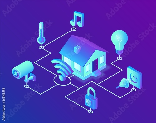 Smart home system concept. 3D isometric remote house control system. IOT concept. Smart home connection and control with devices through home network. Internet of things. Vector illustration.