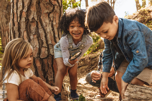 Cute kids with magnifying glass in forest