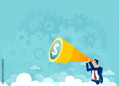 Vector of a business man looking through binoculars searching for financial opportunity.