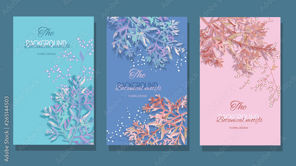 Set of colorful bright backgrounds with floral wormwood leaves and small flowers