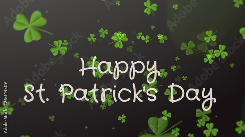 Happy Saint Patrick's Day - greeting card. Falling clover leaves over black background