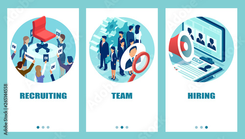 Vector set of business people applying being recruited for a vacant job position using modern technologies