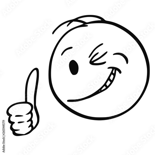 Cartoon stick figure drawing conceptual illustration of smiling man or businessman winking and showing thumb up.