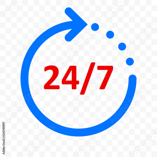 24 7 arrow icon, customer support, delivery and 24 hours, 7 days week open symbol. Vector round clock blue arrow sign