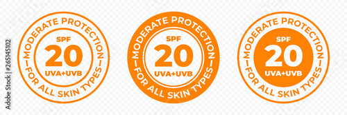 SPF 20 sun protection, UVA and UVB vector icons. SPF 20 moderate medium UV protection skin lotion and cream package label