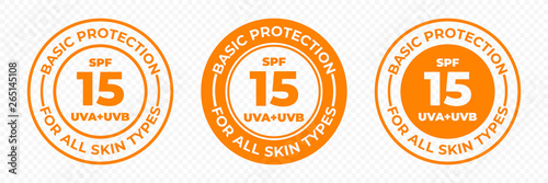 SPF 15 sun protection UVA and UVB vector icons. SPF 15 basic UV protection skin lotion and cream package label