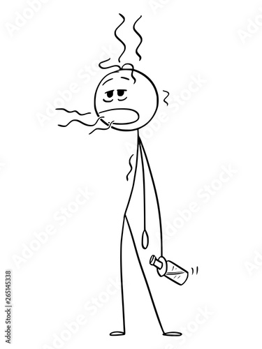 Cartoon stick figure drawing conceptual illustration of drunk or drunken man holding bottle in hand and belching.