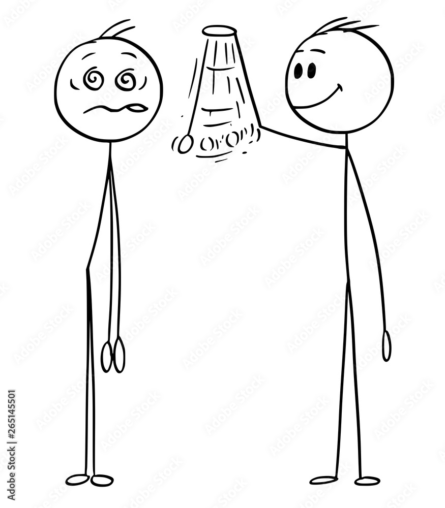 Cartoon stick figure drawing conceptual illustration of hypnotist or