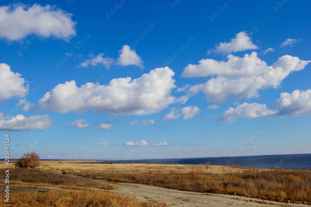 The nature of the earth. Steppe, field and road. Deserted shore, cliff on the banks of the river. Trees Autumn. Cool. Daytime.