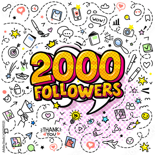 Two thousand followers illustration in pop art style.