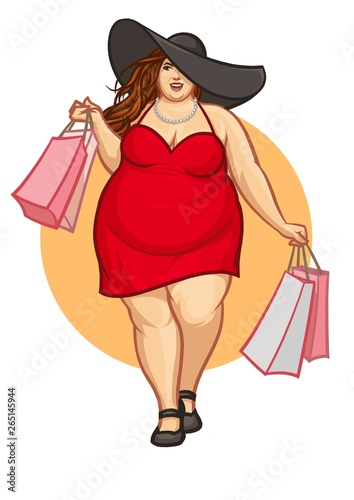 Chubby glam woman wearing large hat shopping